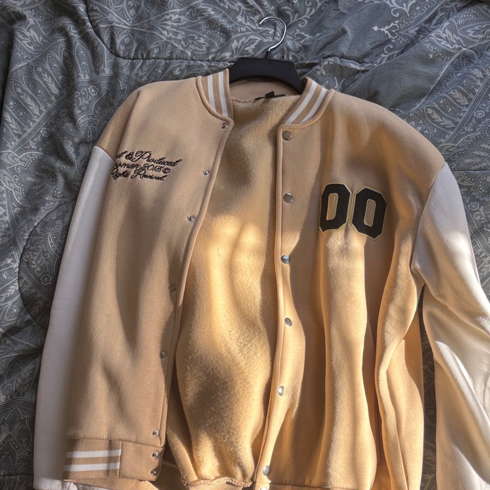 Boohoo Cream Varsity Jacket with Black Accents